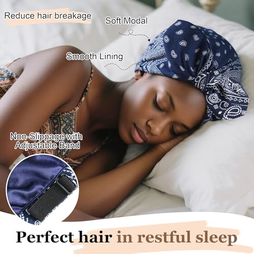 Ababalaya Satin Lined Beanies for Women Chemo Headwear Silky Lined Cotton Sleeping Cap 1 Navy Blue - Image 3