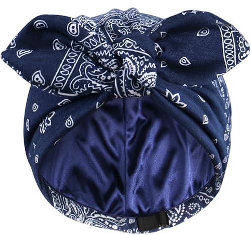 Ababalaya Satin Lined Beanies for Women Chemo Headwear Silky Lined Cotton Sleeping Cap 1 Navy Blue - Image 1