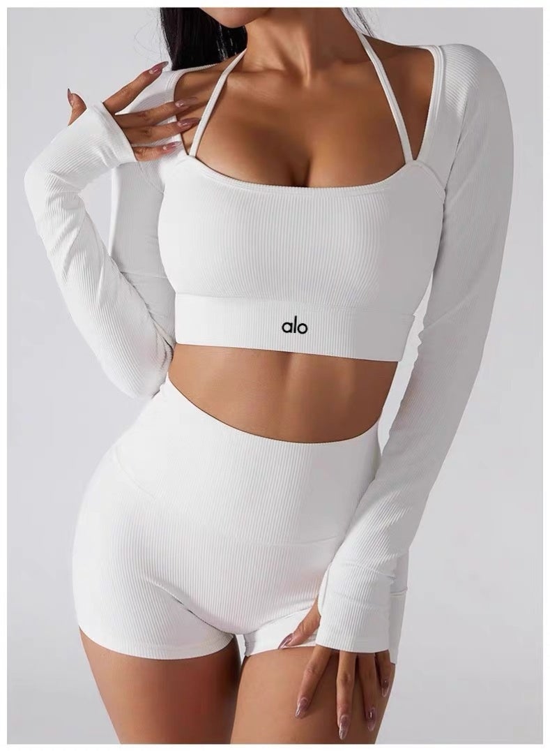 Alo Yoga Style Layered Ribbed Yoga Set - Slim Fit Sports Camisole Shrug Crop Top and Shorts - Image 1