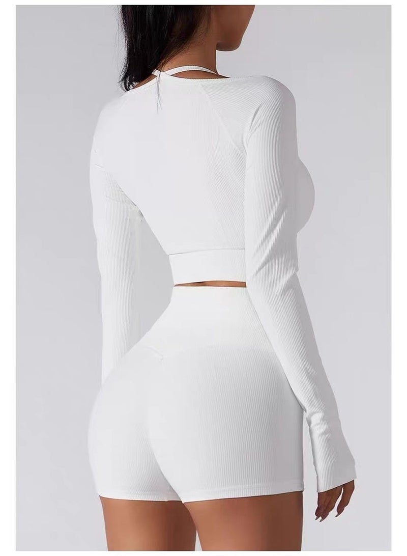 Alo Yoga Style Layered Ribbed Yoga Set - Slim Fit Sports Camisole Shrug Crop Top and Shorts - Image 2