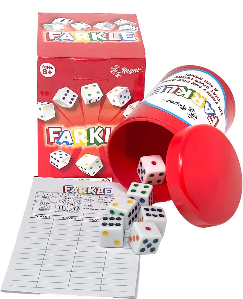Regal Games - Farkle Classic Dice Game w/ 6 Colored Dice, 1 Convenient Dice Cup for Easy Shaking, and 25 Score Sheets - Fun Family Game for Travel, Camp, and More - Ideal for 2-4 Players (Ages 12+) - Image 1