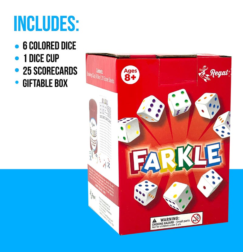 Regal Games - Farkle Classic Dice Game w/ 6 Colored Dice, 1 Convenient Dice Cup for Easy Shaking, and 25 Score Sheets - Fun Family Game for Travel, Camp, and More - Ideal for 2-4 Players (Ages 12+) - Image 3