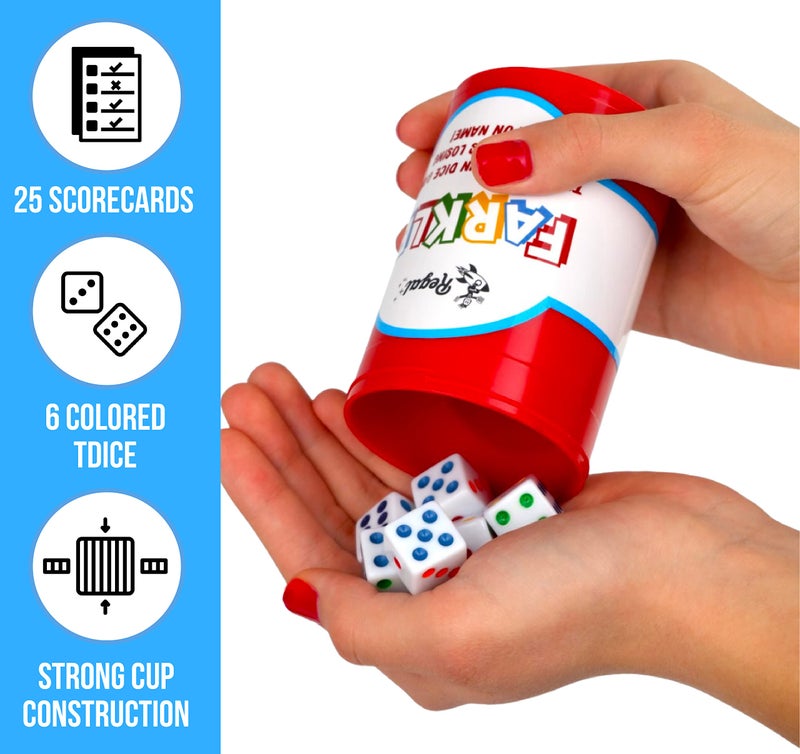 Regal Games - Farkle Classic Dice Game w/ 6 Colored Dice, 1 Convenient Dice Cup for Easy Shaking, and 25 Score Sheets - Fun Family Game for Travel, Camp, and More - Ideal for 2-4 Players (Ages 12+) - Image 4