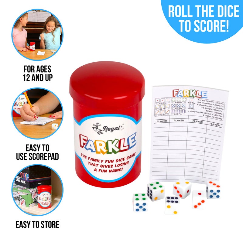 Regal Games - Farkle Classic Dice Game w/ 6 Colored Dice, 1 Convenient Dice Cup for Easy Shaking, and 25 Score Sheets - Fun Family Game for Travel, Camp, and More - Ideal for 2-4 Players (Ages 12+) - Image 2