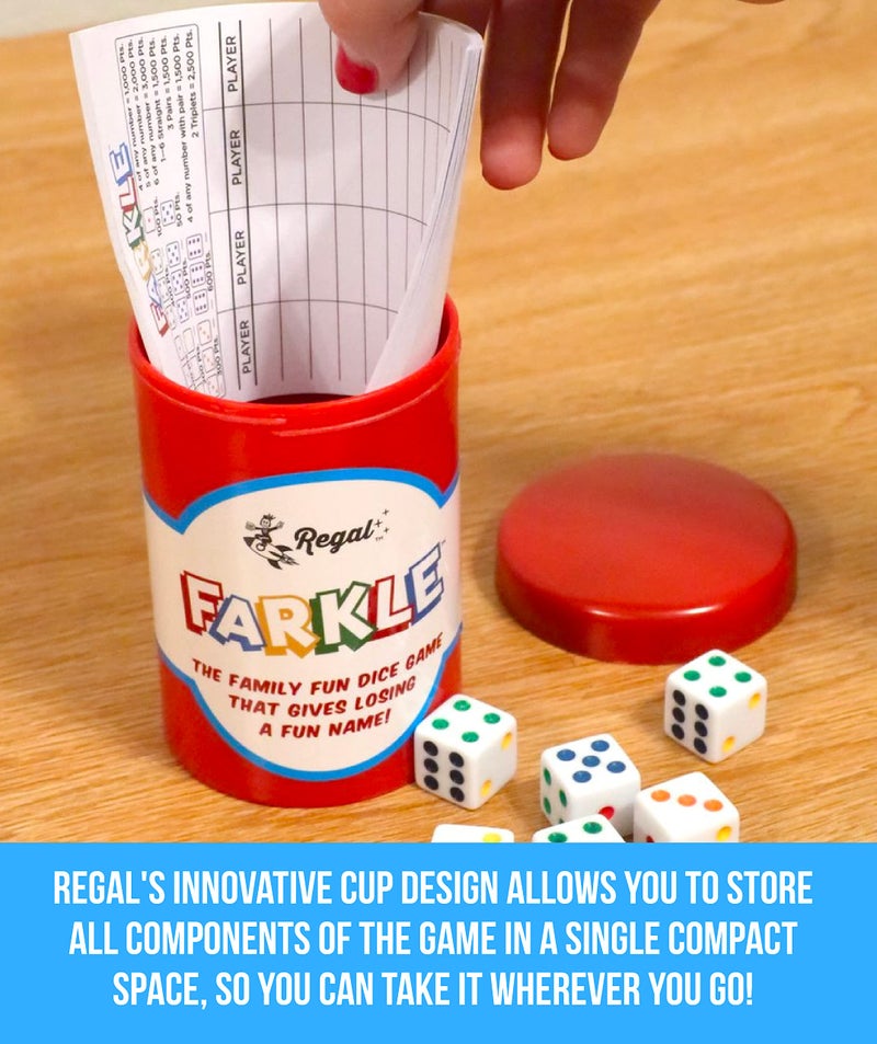 Regal Games - Farkle Classic Dice Game w/ 6 Colored Dice, 1 Convenient Dice Cup for Easy Shaking, and 25 Score Sheets - Fun Family Game for Travel, Camp, and More - Ideal for 2-4 Players (Ages 12+) - Image 5