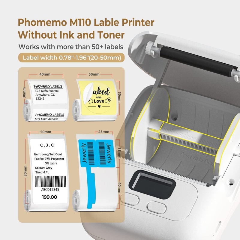 Memoqueen Label Maker Machine M110 Portable Thermal Label Printer with Screen for Storage, Shipping, Barcode, Office, Home, Mini Sticker Printer for Arabic & English Multiple Templates with Label Paper, White - Image 2