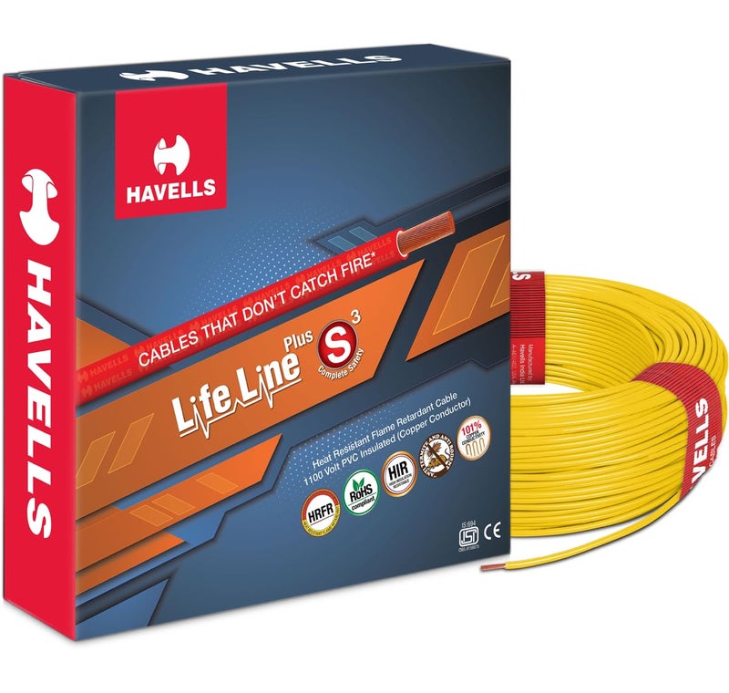 Havells LifeLine+ S3 | 2.5 sq.mm Copper Wire (90m-Yellow)| Class 2 Conductor (100% Copper), Heat Resistant & Flame Retardant - Ideal for Domestic & Industrial Use (WHFFDNYA12X5) - Image 1