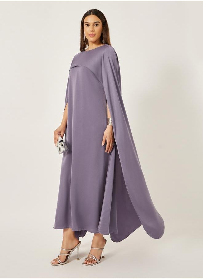 Styli Solid Cape Sleeve Round Neck Maxi Dress  - Image 1