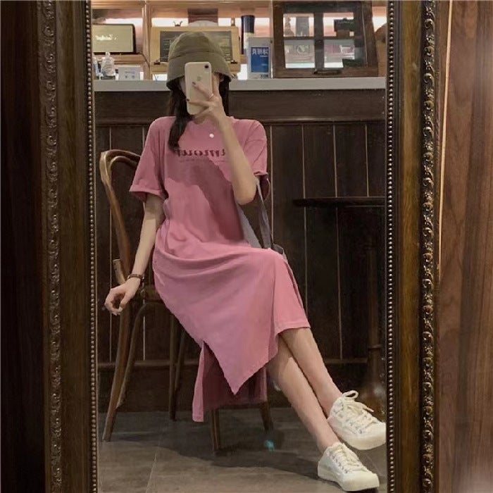 Summer Korean Fashion Split Print Long T-Shirt Dress Pink 