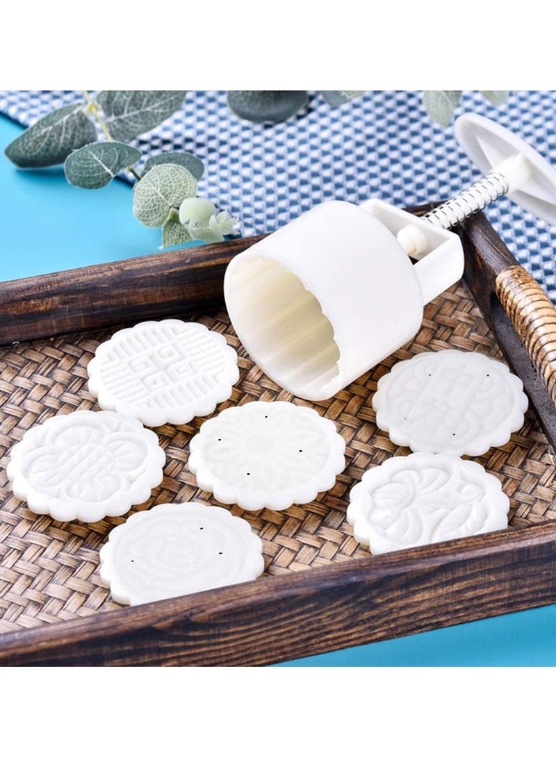 DubaiGallery قالب كعكة القمر 50 جرام مع 6 طوابع، تصميم زهور طابع كعكة القمر - قواطع كعك مهرجان منتصف الخريف - قوالب ضغط كعكة القمر لتزيين DIY (أبيض) - Image 4