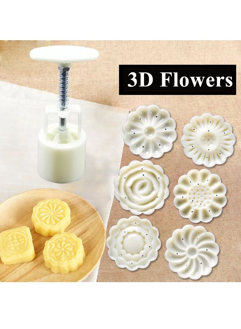 DubaiGallery قالب كعكة القمر 50 جرام مع 6 طوابع، تصميم زهور طابع كعكة القمر - قواطع كعك مهرجان منتصف الخريف - قوالب ضغط كعكة القمر لتزيين DIY (أبيض) - Image 1