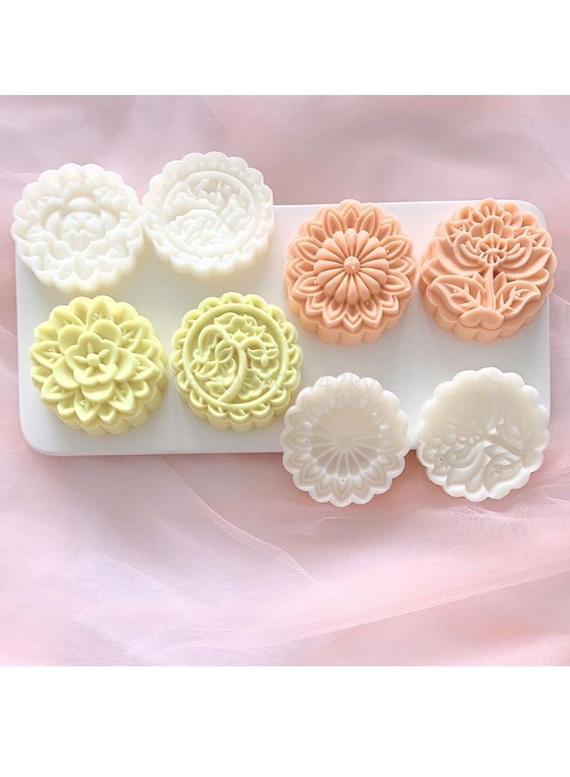DubaiGallery قالب كعكة القمر 50 جرام مع 6 طوابع، تصميم زهور طابع كعكة القمر - قواطع كعك مهرجان منتصف الخريف - قوالب ضغط كعكة القمر لتزيين DIY (أبيض) - Image 3