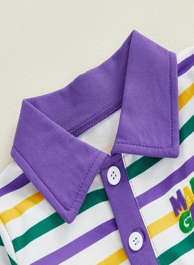 GOOCHEER Toddler Baby Boy Mardi Gras Outfit Button Collar Striped Long Sleeve Sweatshirt Pullover and Pants Set, Purple, 18-24 months - Image 3