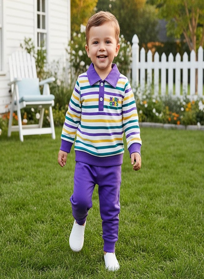 GOOCHEER Toddler Baby Boy Mardi Gras Outfit Button Collar Striped Long Sleeve Sweatshirt Pullover and Pants Set, Purple, 18-24 months - Image 2