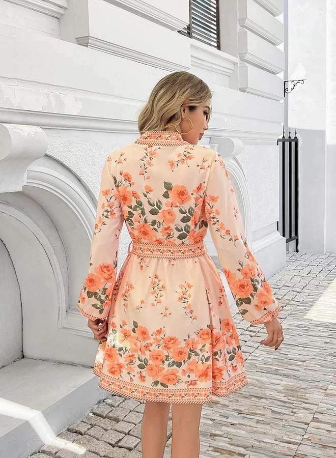 تايك تو فستان قصير نسائي بطبعات زهور وأكمام فانوس بحزام