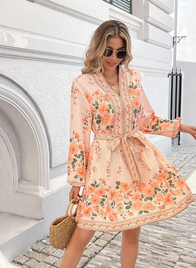 Take Two Women's Floral Printed Belted Detail Lantern Sleeve Mini Dress - Image 1