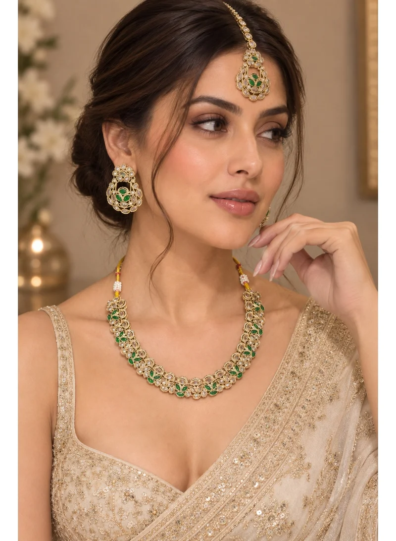 Lehar Emerald Green Floral Kundan Necklace Set with Earrings & Maang Tikka - Indian Bridal Jewelry