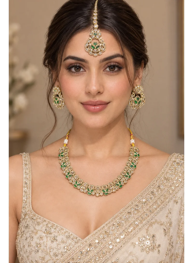 Lehar Emerald Green Floral Kundan Necklace Set with Earrings & Maang Tikka - Indian Bridal Jewelry