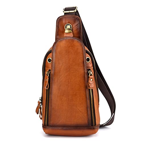 Hebetag Leather Sling Bag Crossbody Backpack for Men Women Outdoor Travel Camping Hiking Shoulder Chest Day Pouch Casual Vintage Sling Daypack Yellow Brown - Image 1