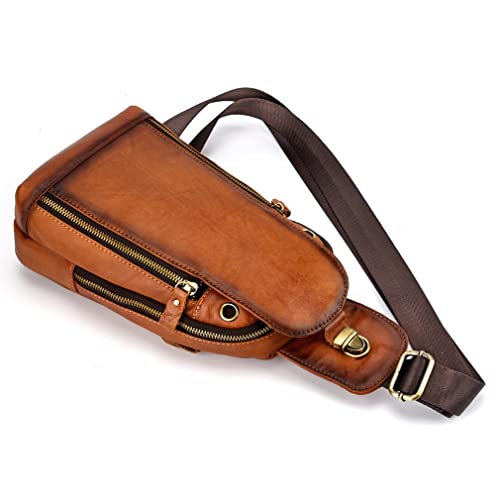 Hebetag Leather Sling Bag Crossbody Backpack for Men Women Outdoor Travel Camping Hiking Shoulder Chest Day Pouch Casual Vintage Sling Daypack Yellow Brown - Image 4