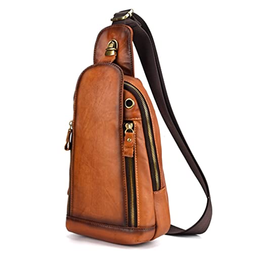 Hebetag Leather Sling Bag Crossbody Backpack for Men Women Outdoor Travel Camping Hiking Shoulder Chest Day Pouch Casual Vintage Sling Daypack Yellow Brown - Image 3