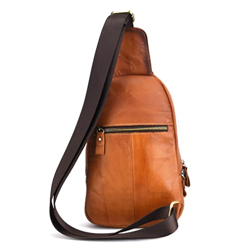 Hebetag Leather Sling Bag Crossbody Backpack for Men Women Outdoor Travel Camping Hiking Shoulder Chest Day Pouch Casual Vintage Sling Daypack Yellow Brown - Image 2