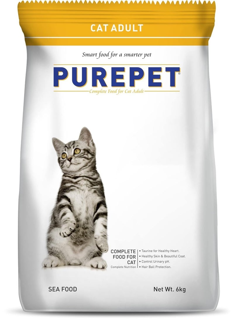 Purepet Adult Dry Cat Food 6kg | Seafood | Taurine for Heart Health | Skin & Coat Care | Controls Urinary pH | Hairball Protection - Image 1