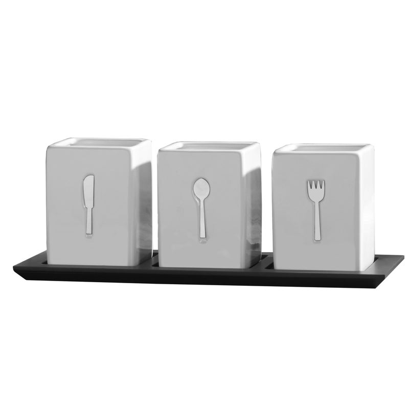 Towle Living 3Piece Ceramic Caddy with Wood Tray White Black