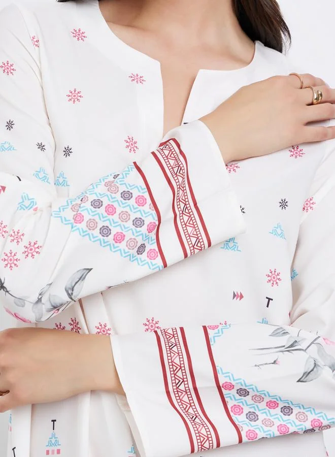 Styli White All Over Print Long Sleeves Jalabiya