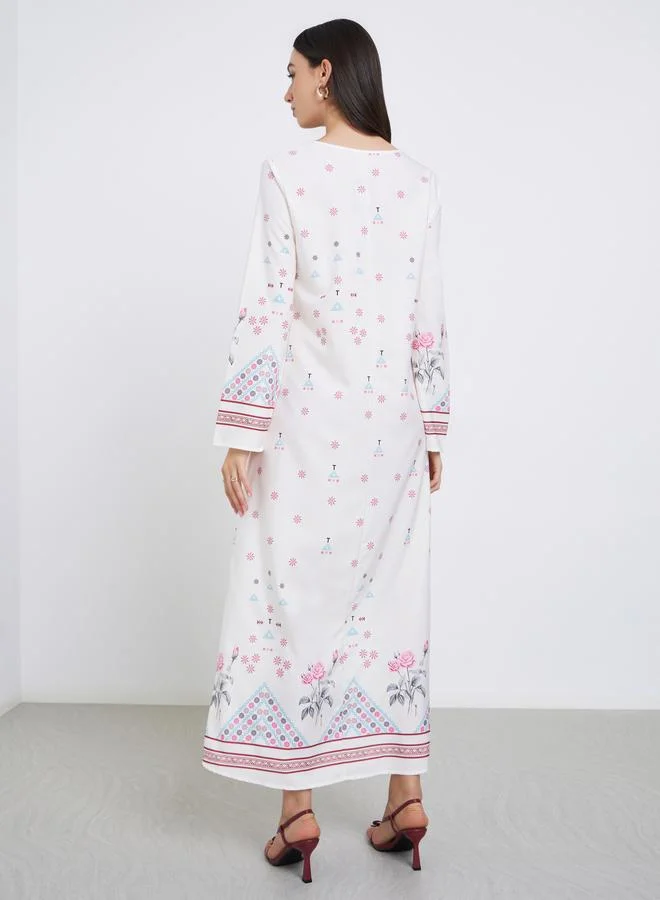 Styli White All Over Print Long Sleeves Jalabiya