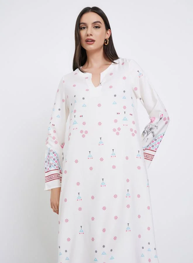 Styli White All Over Print Long Sleeves Jalabiya