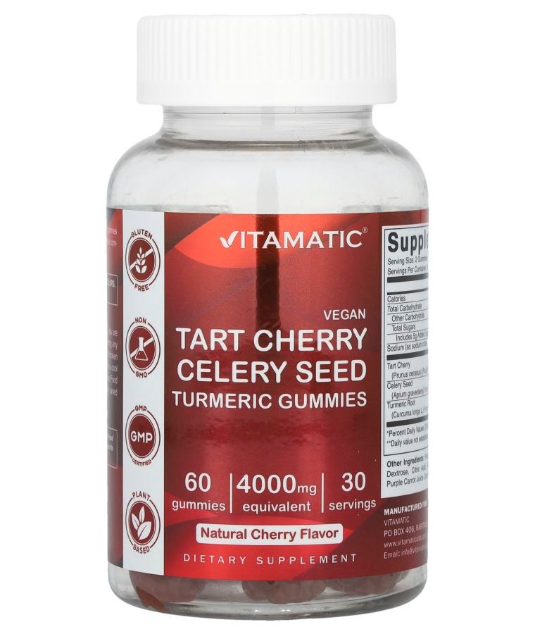 Vitamatic Vegan Tart Cherry Celery Seed Turmeric Gummies Natural Cherry 60 Gummies