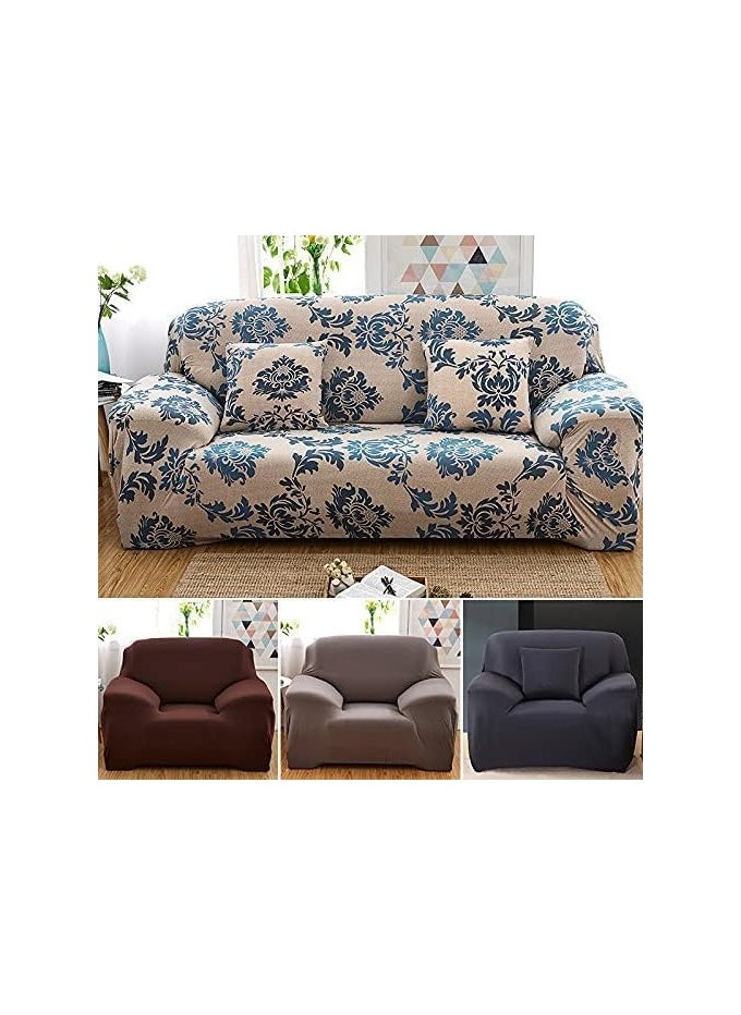 BLOOMING TIME 3-Seater Exquisitely Floarl Designed Wrinkle-free Anti-slip 360-degree Full Coverage Sofa Slipcover Beige/Blue Length Stretch From 190 To 230cm  - Image 1