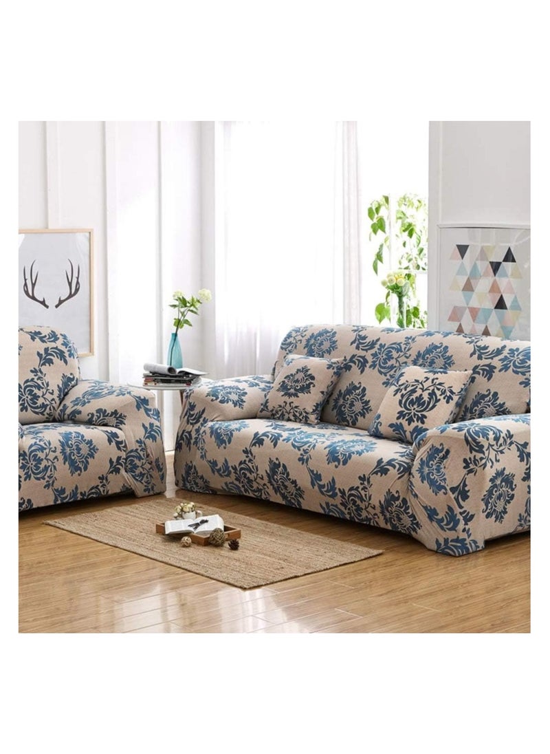 BLOOMING TIME 3-Seater Exquisitely Floarl Designed Wrinkle-free Anti-slip 360-degree Full Coverage Sofa Slipcover Beige/Blue Length Stretch From 190 To 230cm  - Image 3