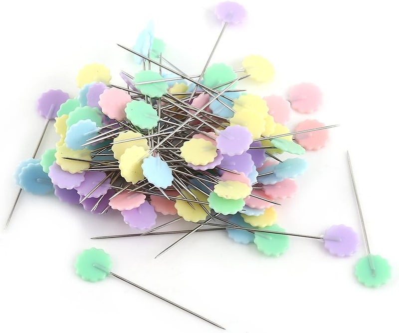 Wal front 100pcs Flower/Bow Tie/Button Head Patchwork Quilting Pins - Fine Flat Head Decorative Sewing Pins for Crafts, Dressmaking, and Quilting - Includes Plastic Storage Box (Light Plum Model) - Image 5