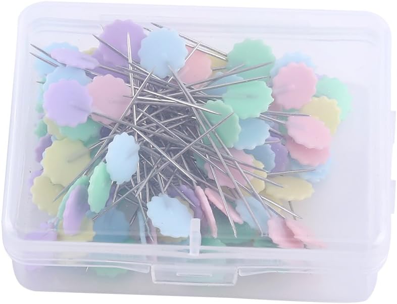 Wal front 100pcs Flower/Bow Tie/Button Head Patchwork Quilting Pins - Fine Flat Head Decorative Sewing Pins for Crafts, Dressmaking, and Quilting - Includes Plastic Storage Box (Light Plum Model) - Image 3