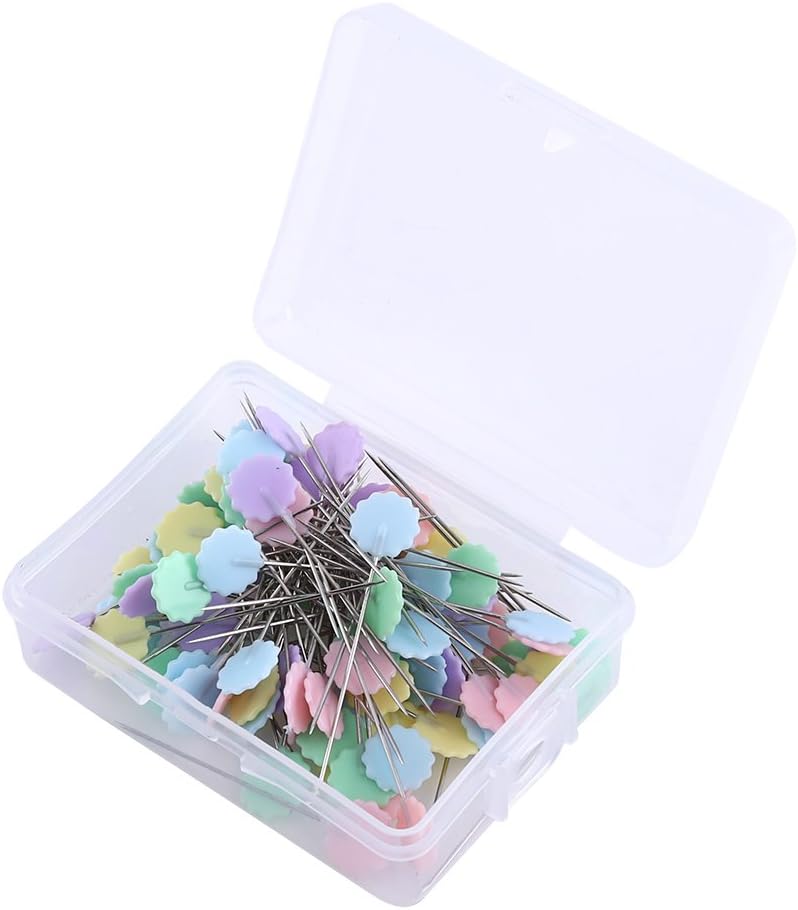 Wal front 100pcs Flower/Bow Tie/Button Head Patchwork Quilting Pins - Fine Flat Head Decorative Sewing Pins for Crafts, Dressmaking, and Quilting - Includes Plastic Storage Box (Light Plum Model) - Image 2