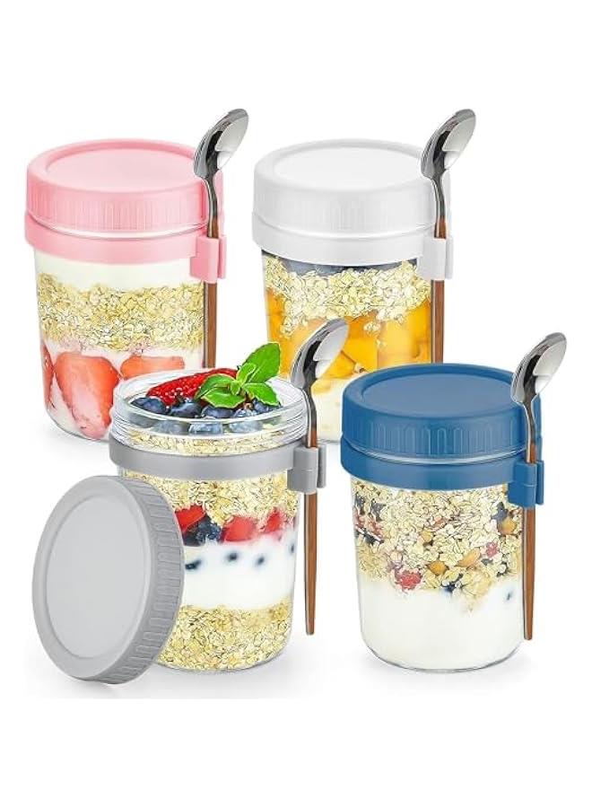 هوكور 4 عبوات من حاويات الشوفان الليلية مع اغطية وملاعق، برطمانات ماسون زجاجية سعة 12 اونصة للشوفان الليلي مانعة للتسرب رائعة للحبوب والفواكه والخضروات والحليب والسلطة والزبادي واعداد الوجبات من هوكور - Image 1