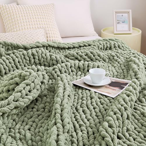 Admitrack Chunky Knit Blanket Throw, 100% Hand Knit Chenille Throw Blanket for Sofa & Home Decor, Soft and Cozy Knitted Throw Blankets (Sage Green，51"x63") - Image 1