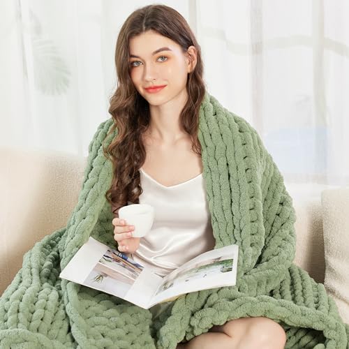 Admitrack Chunky Knit Blanket Throw, 100% Hand Knit Chenille Throw Blanket for Sofa & Home Decor, Soft and Cozy Knitted Throw Blankets (Sage Green，51"x63") - Image 3