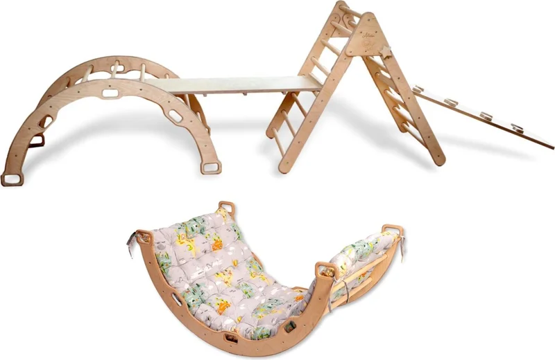 Kidoppo Pikler Climbing Set Montessori Complete Set and Map Pillow | Full Set Activity Center + Map Patterned Pillow