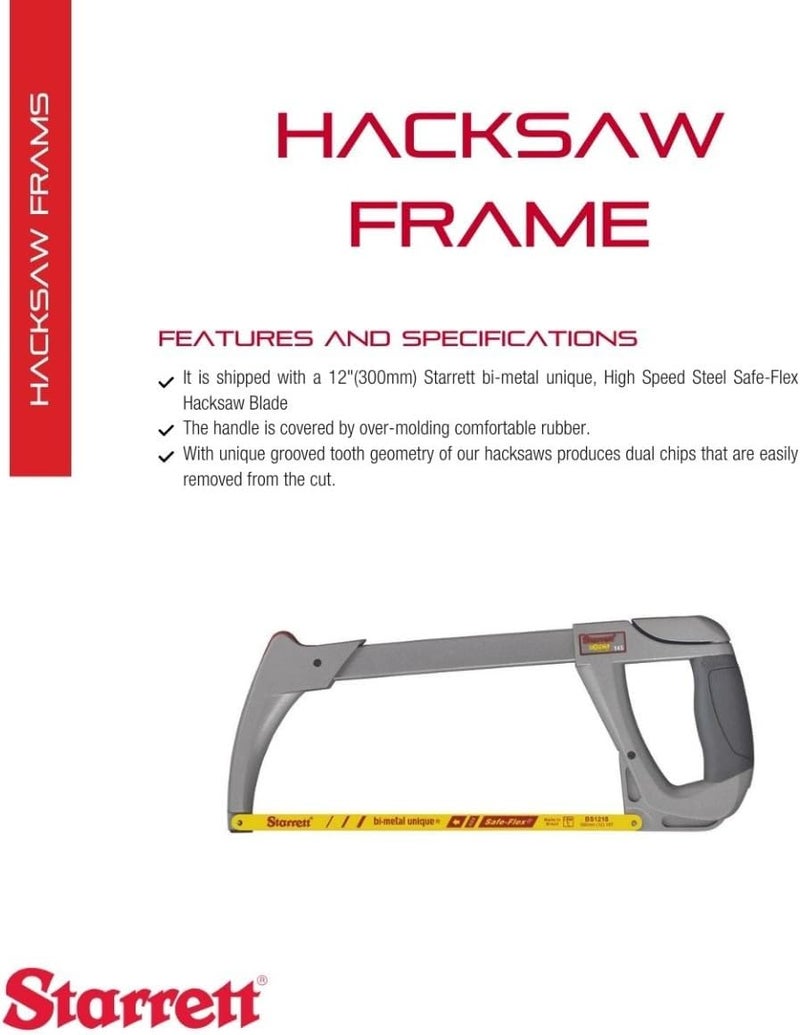 Starrett High Tension Hacksaw Frame with BiMetal Unique HighSpeed Steel SafeFlex Hacksaw Blade 28000 PSI Tension 438 Throat Depth 12 Blade Length K145 - Image 2