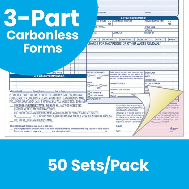 Adams Auto Repair Order Forms, 8.5 x 7.44 Inch, 3-Part, Carbonless, 50-Pack, White and Canary (GT3870) - Image 5