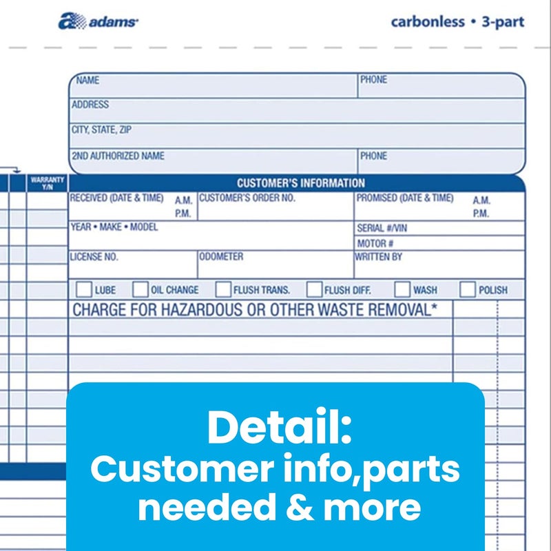 Adams Auto Repair Order Forms, 8.5 x 7.44 Inch, 3-Part, Carbonless, 50-Pack, White and Canary (GT3870) - Image 4