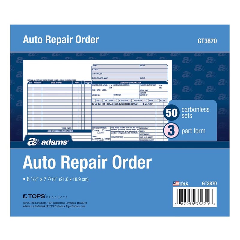 Adams Auto Repair Order Forms, 8.5 x 7.44 Inch, 3-Part, Carbonless, 50-Pack, White and Canary (GT3870) - Image 1