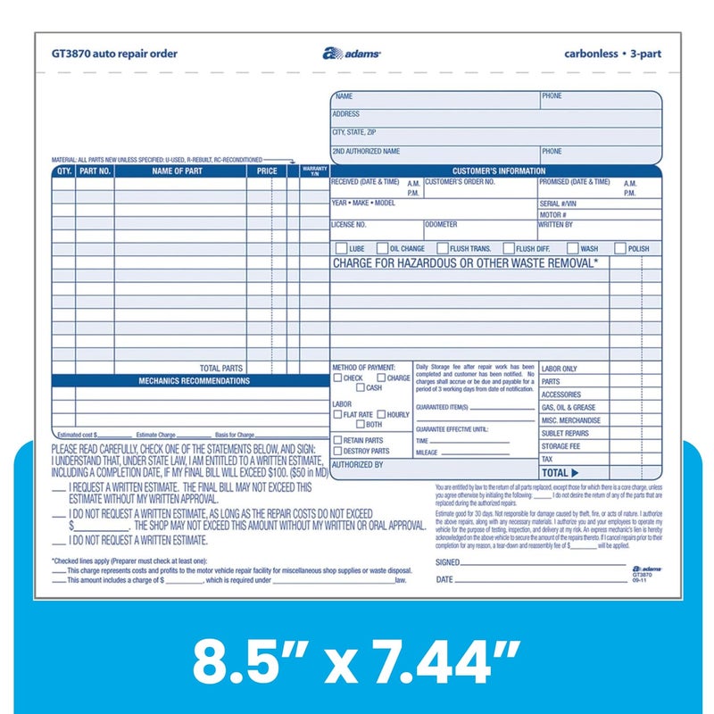 Adams Auto Repair Order Forms, 8.5 x 7.44 Inch, 3-Part, Carbonless, 50-Pack, White and Canary (GT3870) - Image 2