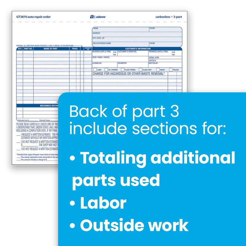 Adams Auto Repair Order Forms, 8.5 x 7.44 Inch, 3-Part, Carbonless, 50-Pack, White and Canary (GT3870) - Image 3