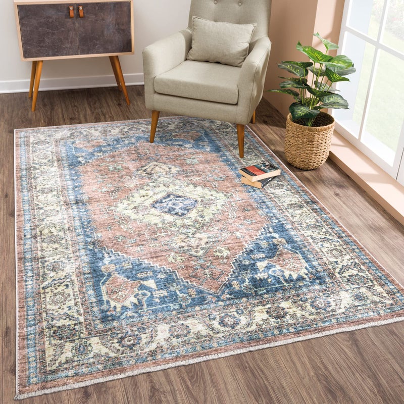 Bloom Rugs Caria Washable NonSlip 5x7 Rug  Coral PinkOcean Blue Traditional Area Rug for Living Room Bedroom Dining Room and Kitchen  Exact Size 5 x 7