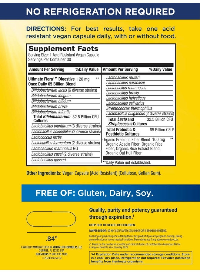 Renew Life Digestive Ultimate Flora Probiotics 65,000,000,000 CFU Delayed Release Vegan Capsules | Once Daily | Digestive Health | Immune Health | Dairy Free | 30 Count - Image 2