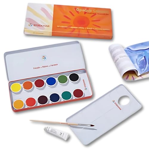 STOCKMAR Opaque Color Box Set of 12 paints Includes Opaque White Paint Tube Brush and Palette Waldorf Art Supplies